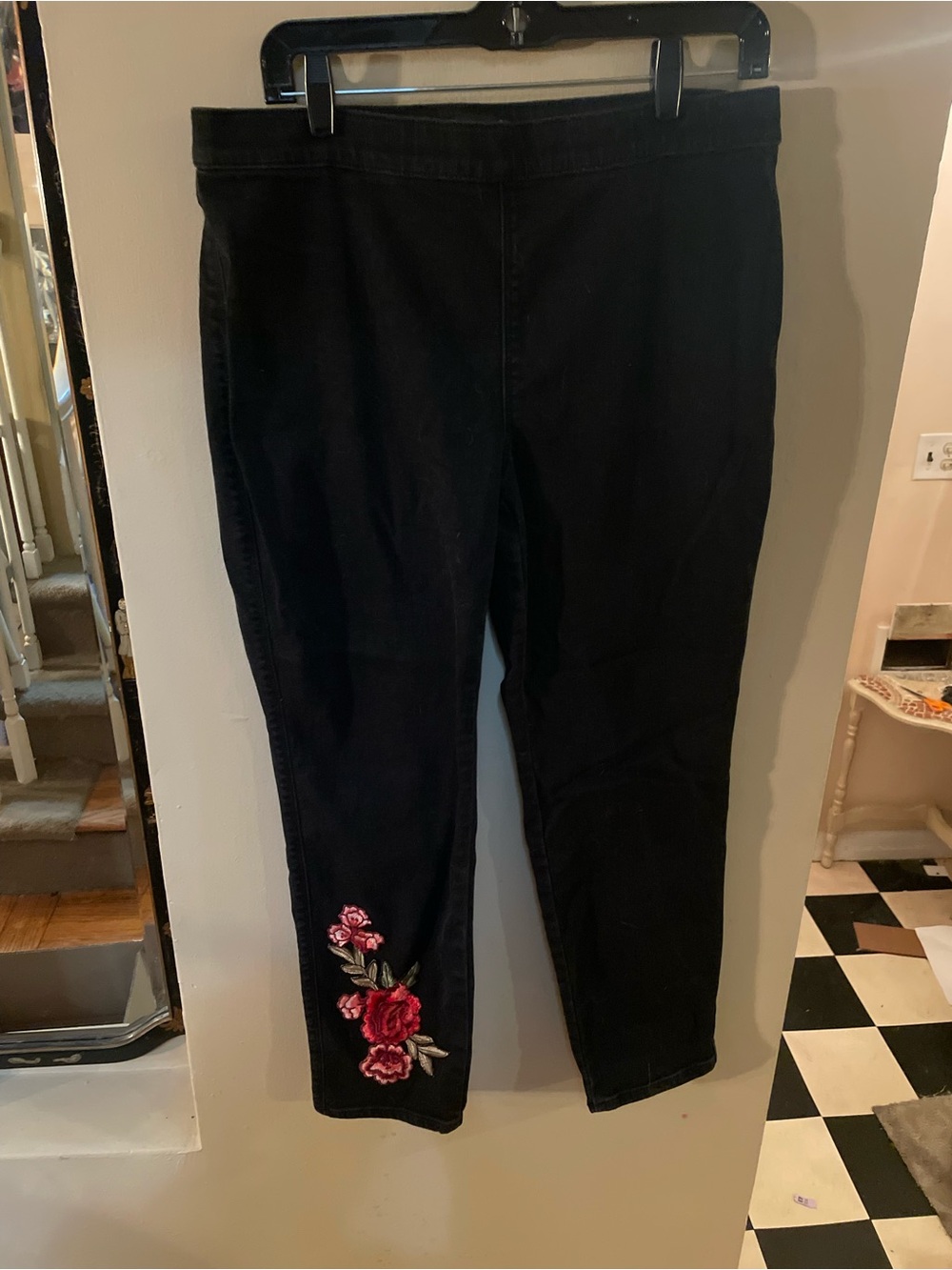 Susan Graver Black Jeans with Pink Rose Embroidery